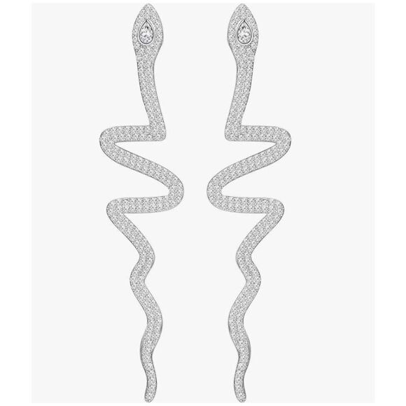 Trendy New Extra Long Silver Rhinestone Snake Design Earrings - Picture 1 of 4